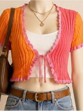 Very J Y2K Colorblock Ribbed Tie Front Crop Cardigan Pink Orange S